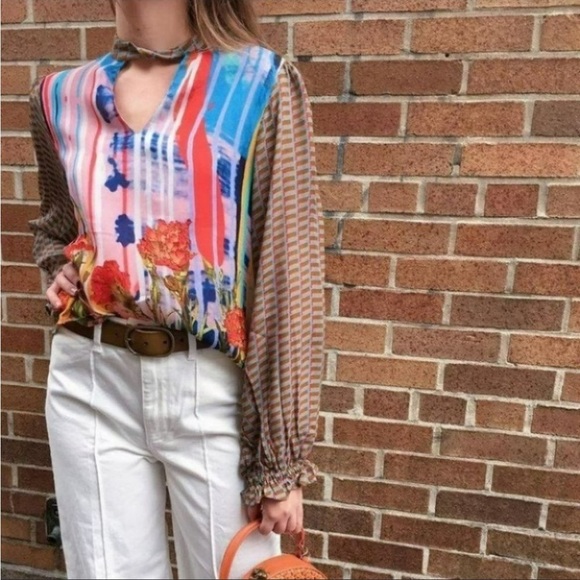 Anthropologie Conditions Apply Multicolor Peasant keyhole balloon sleeve blouse - Picture 11 of 16